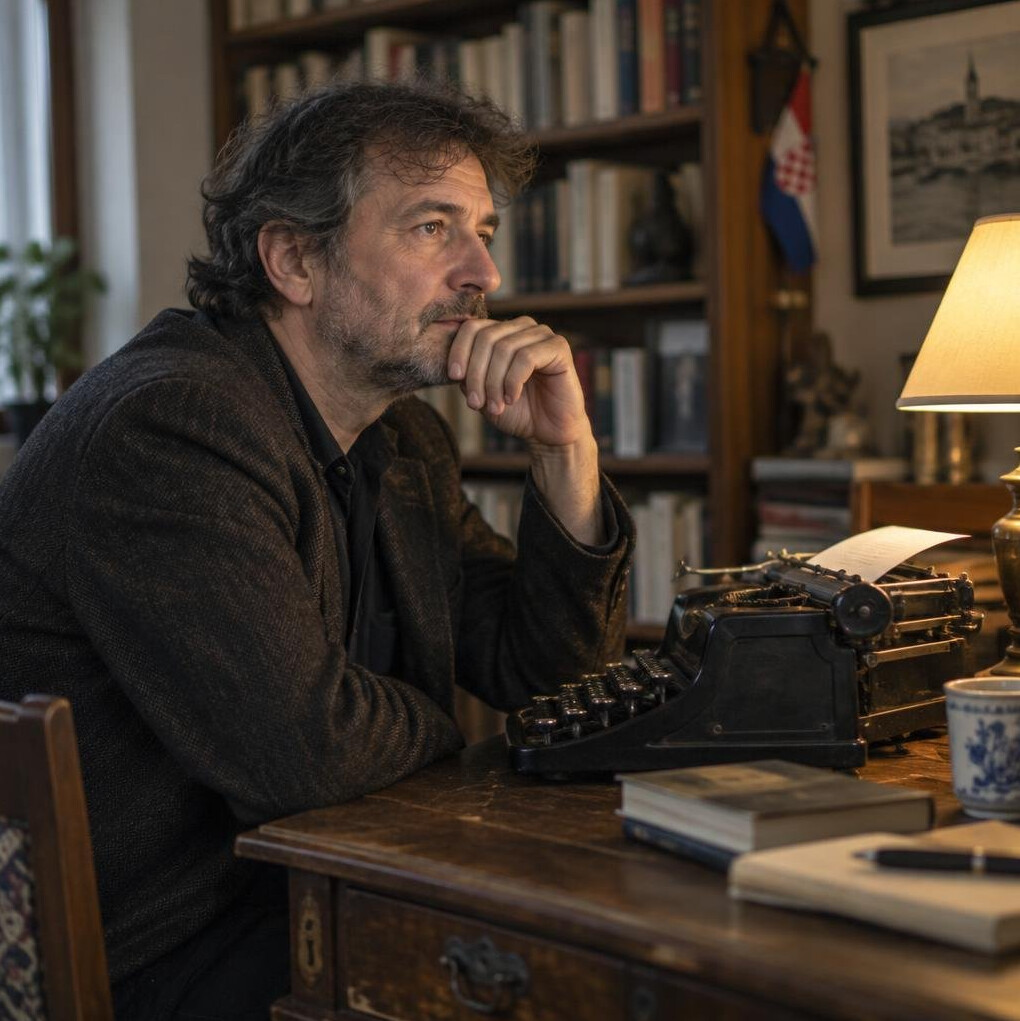 Croatian author writing at a wooden desk with an old typewriter