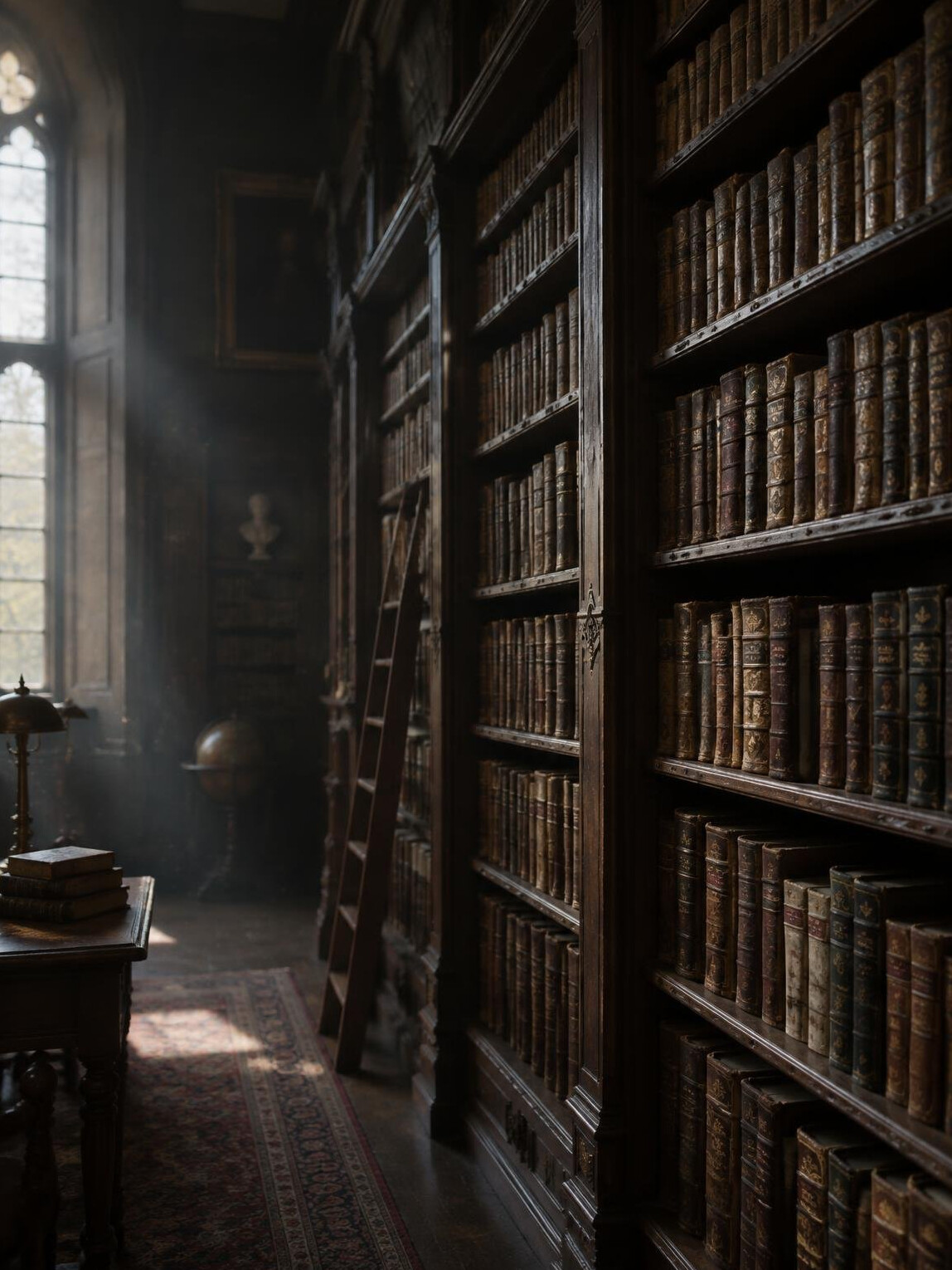 Tall wooden bookshelves in a dim old library