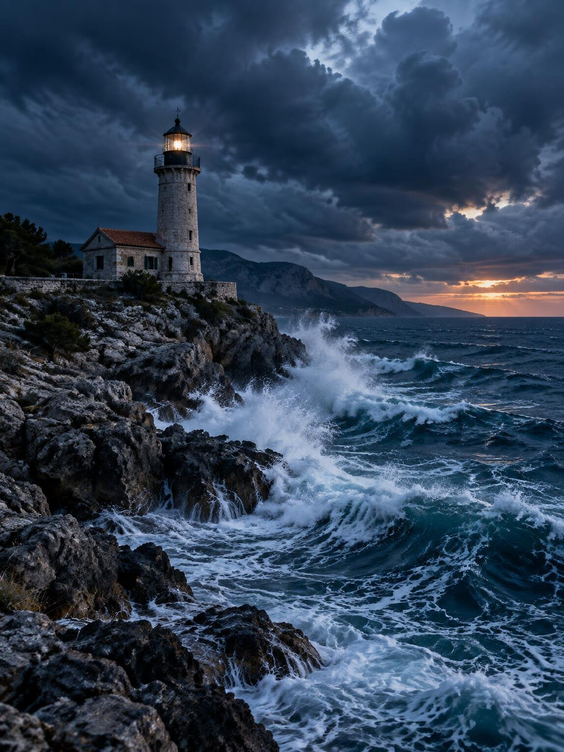 Lone lighthouse on a rocky coast at dusk under a stormy sky