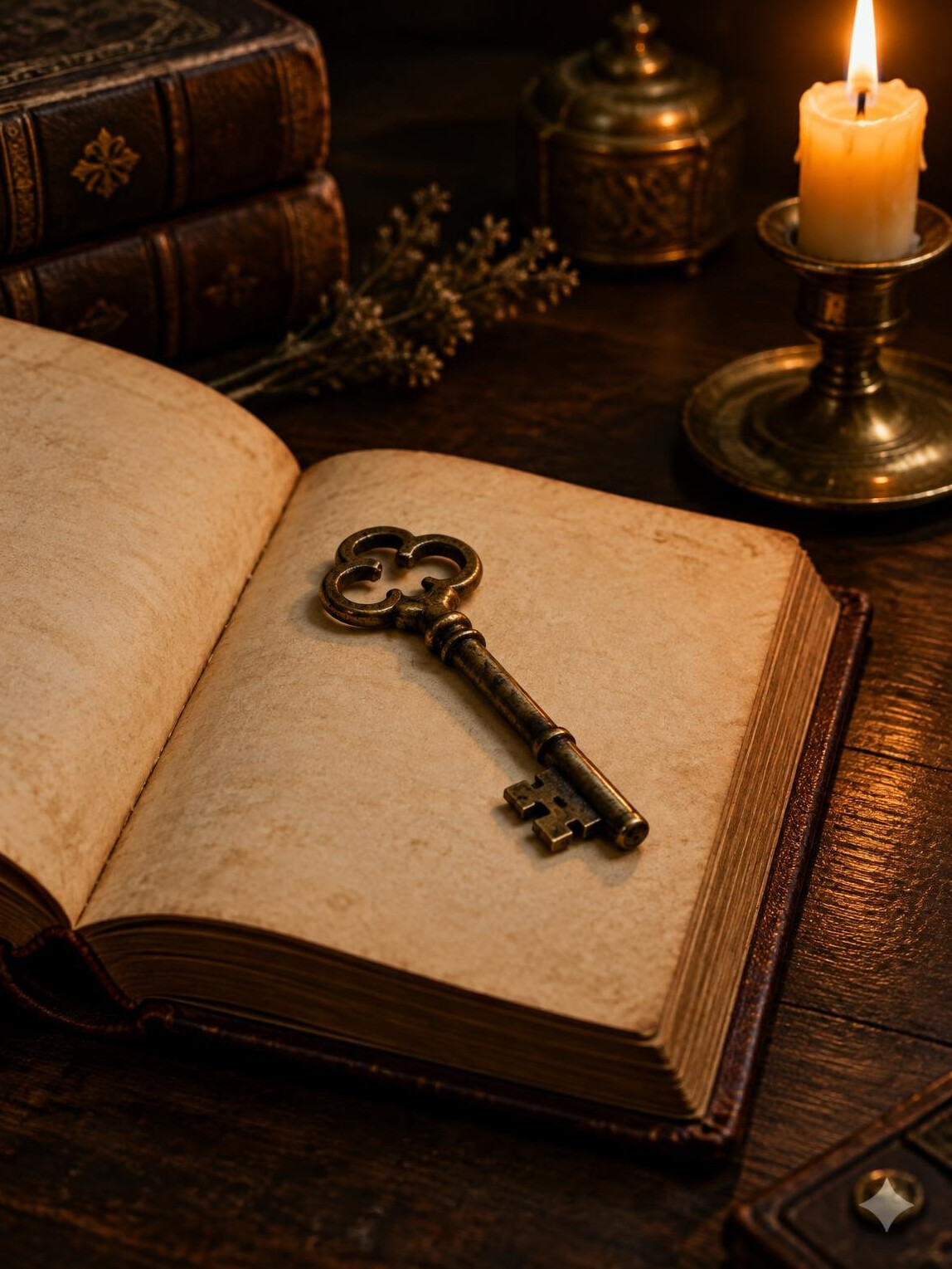 Antique brass key resting on an open leather-bound book