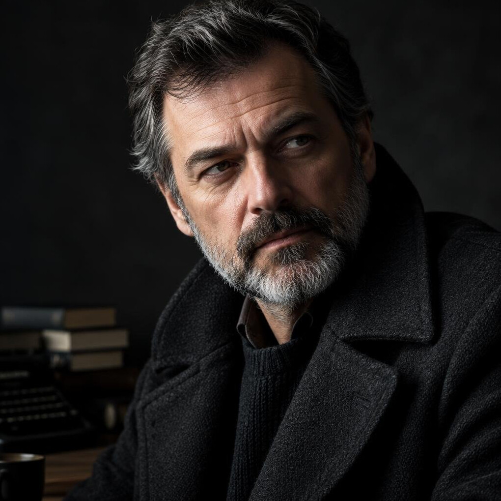 Portrait of a Croatian mystery writer in a dark coat