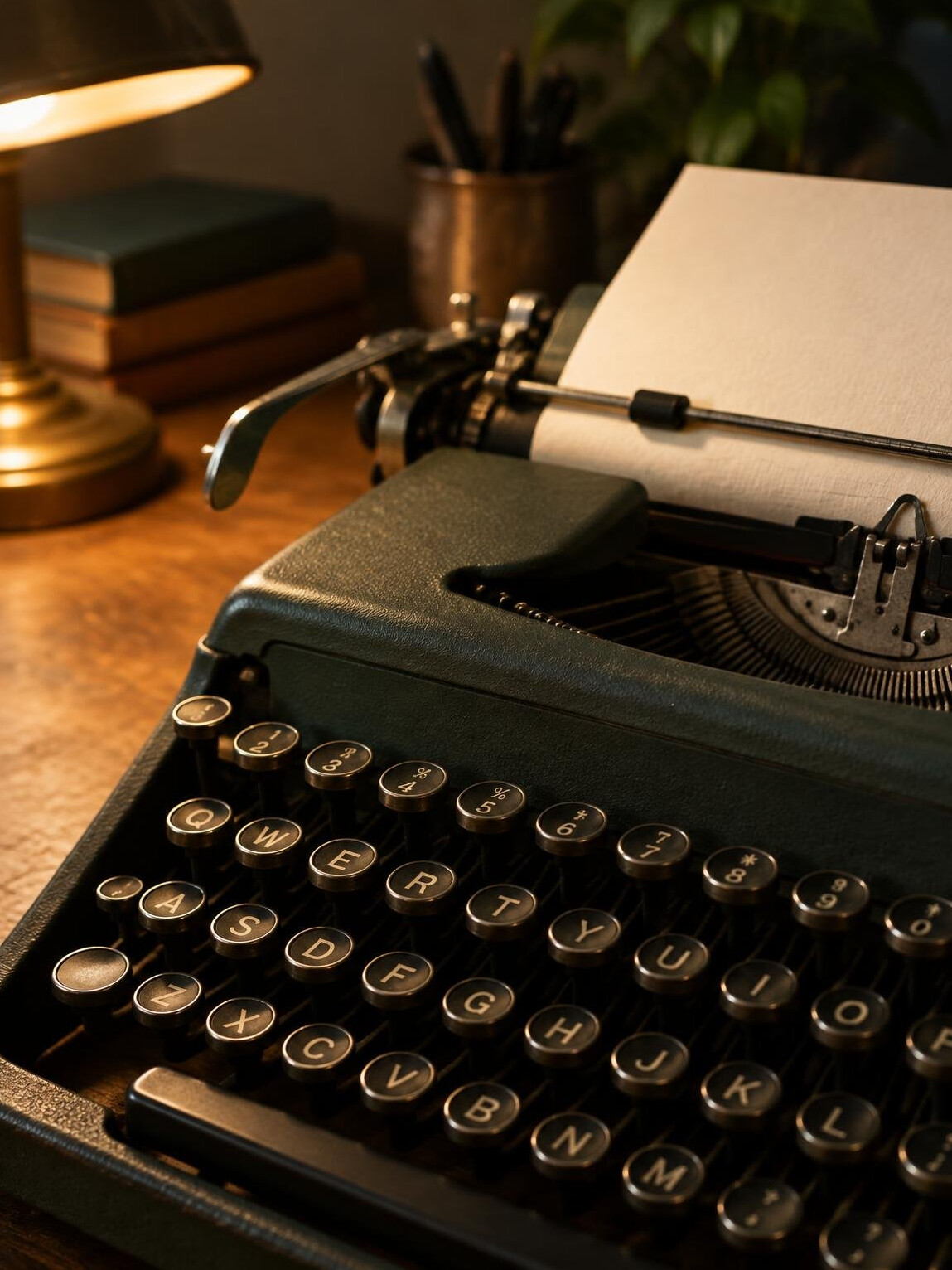 Close-up of vintage typewriter keys with a sheet of paper