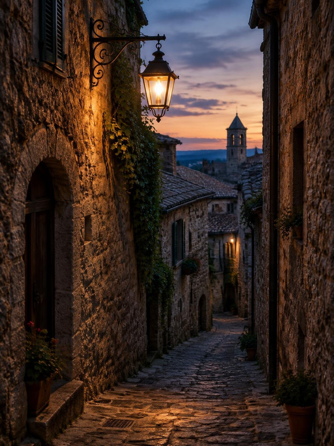 Narrow stone alley with a hanging lantern at dusk